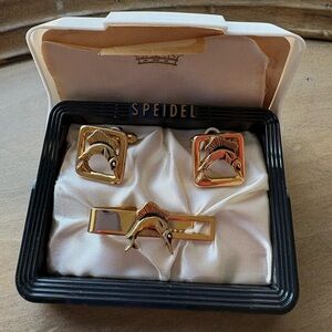 Vintage MCM Speidel Gold Tone Swordfish Cufflinks and Tie Clip Set